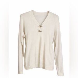 Cream V Neck Toggle Sweater Gold Hardware Long Sleeve Cozy Knit Pullover